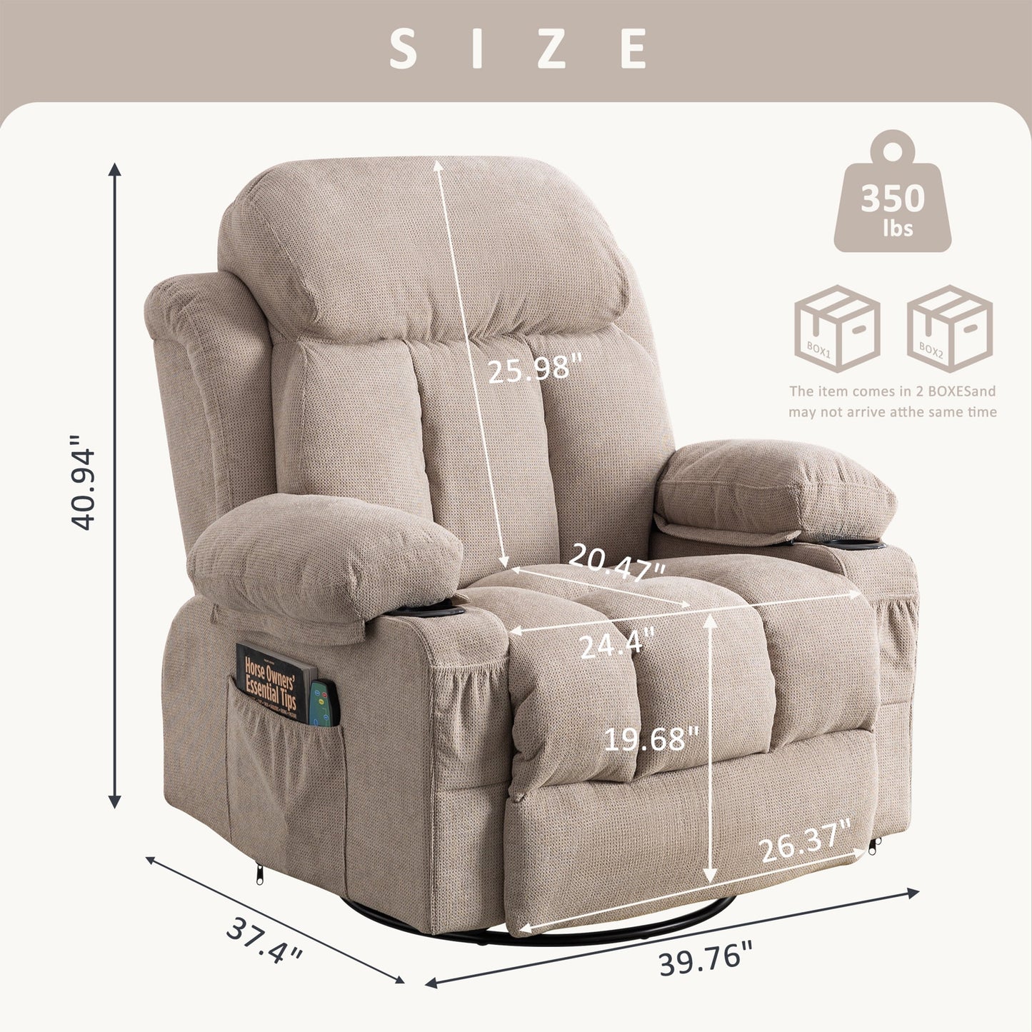 Oversized Recliner Chair, 360° Swivel Rocker Reclining Chair with Massage and Heat Function, USB, Cup Holders and Side Pockets, Living Room Single Sofa Seat Nursery Lounge Chair, Light Brown