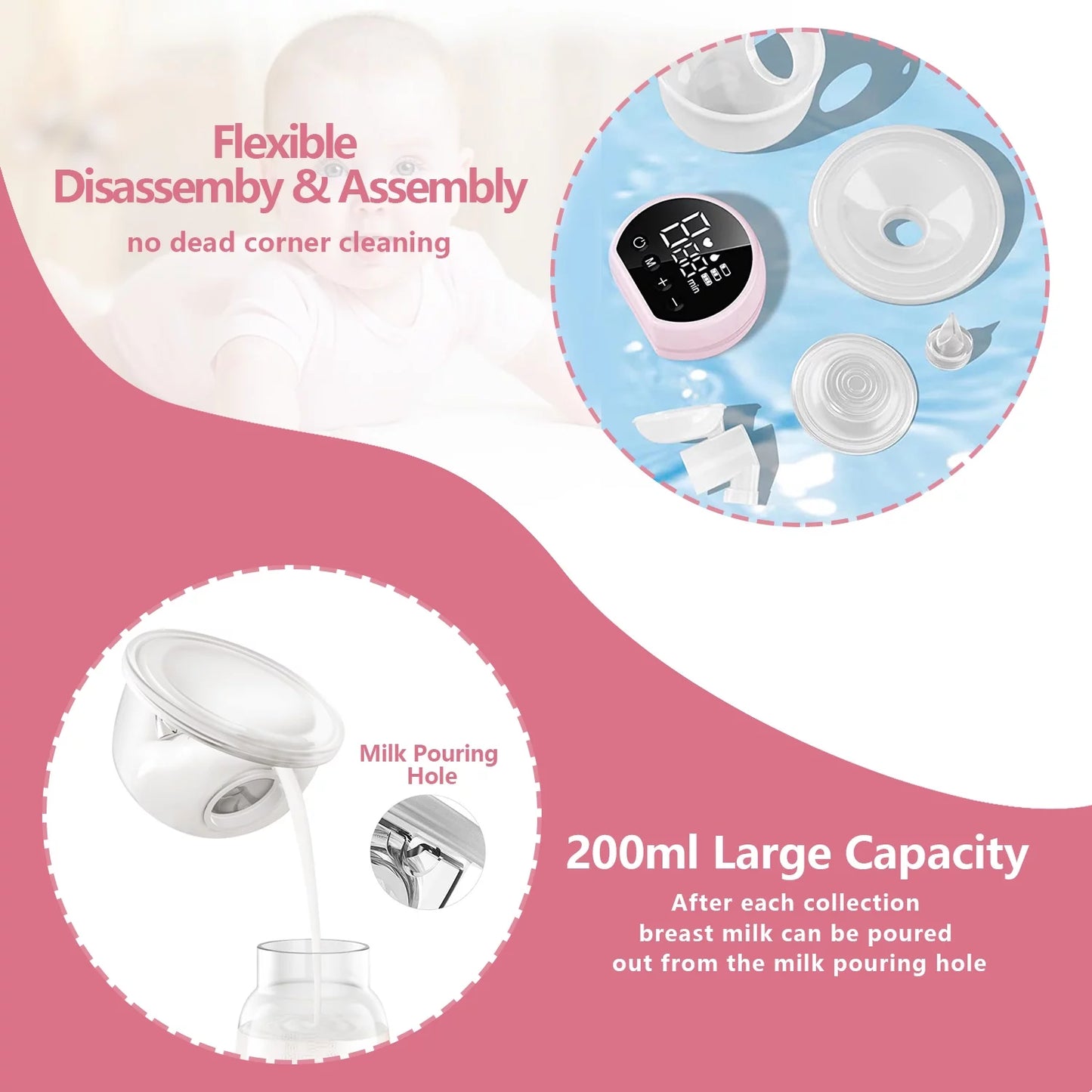 Electric Breast Pump, Wearable Hands-Free Breast Pumps with 3 Modes, 9 Levels, Pink