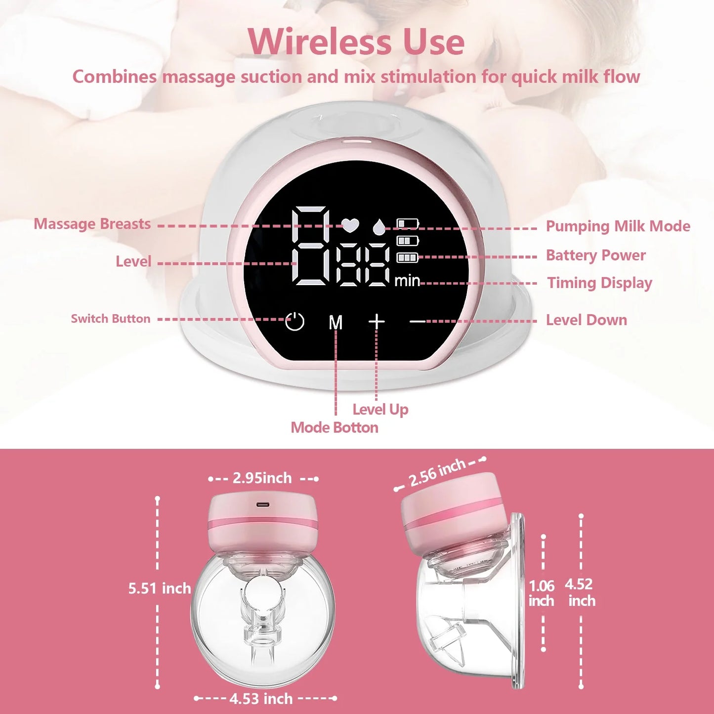 Electric Breast Pump, Wearable Hands-Free Breast Pumps with 3 Modes, 9 Levels, Pink