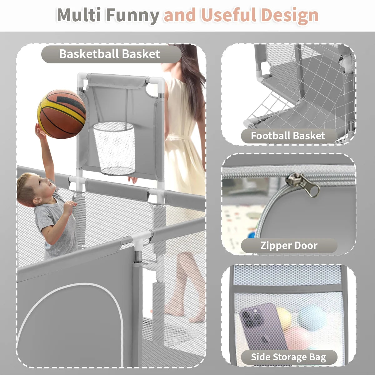 Baby Playpen,71 Inch Extra Large Baby Playard with Basketball Hoop and Breathable Mesh,Children Kids Play Fence for Indoors Outdoors,Gray
