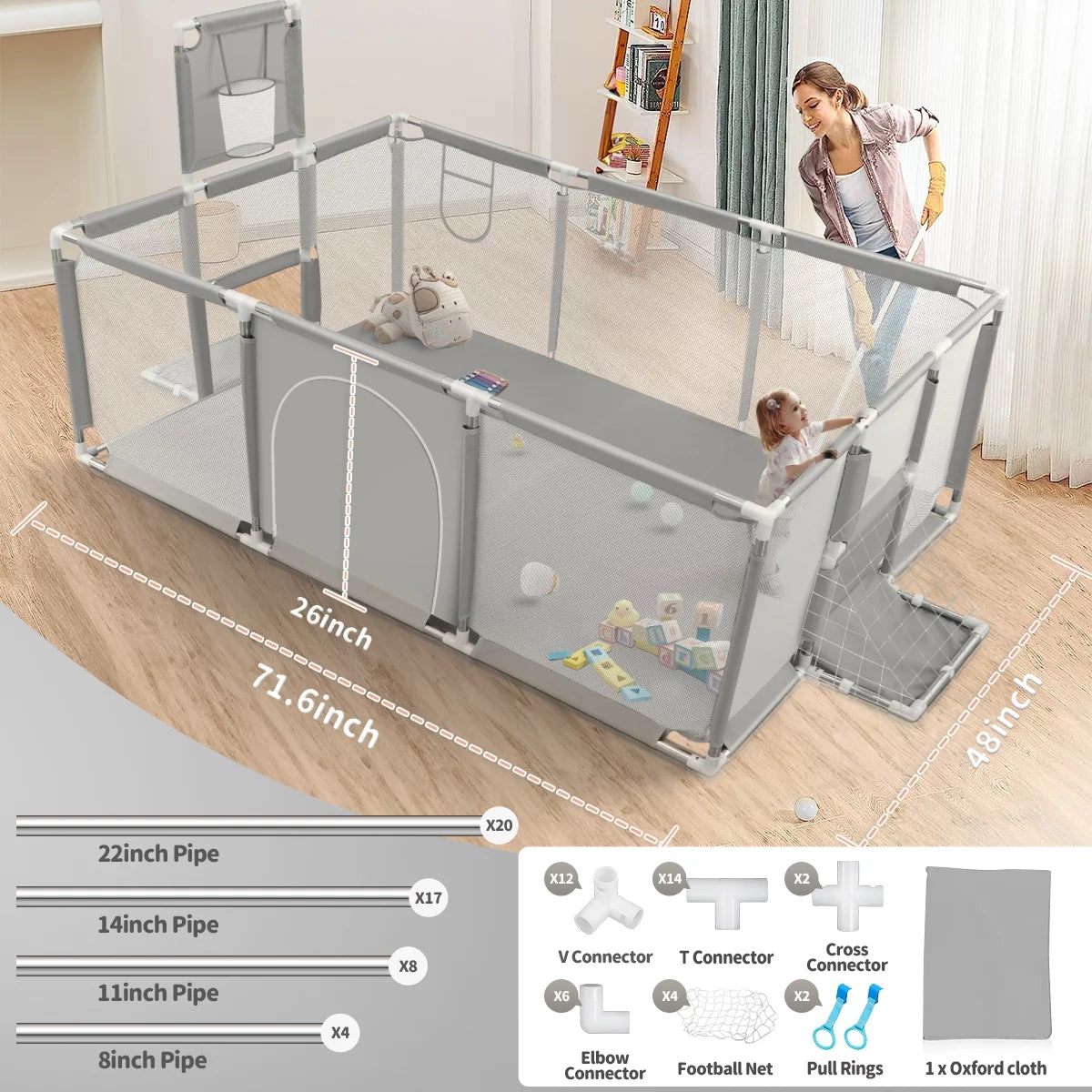 Baby Playpen,71 Inch Extra Large Baby Playard with Basketball Hoop and Breathable Mesh,Children Kids Play Fence for Indoors Outdoors,Gray
