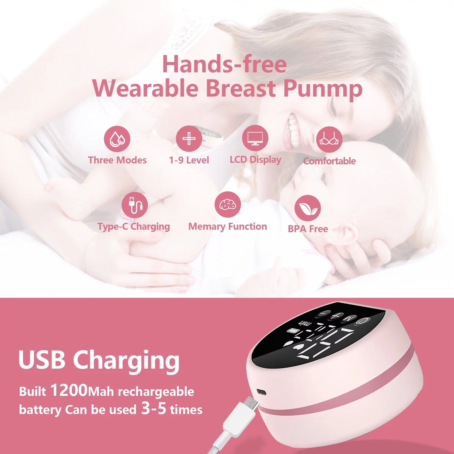 Electric Breast Pump, Wearable Hands-Free Breast Pumps with 3 Modes, 9 Levels, Pink