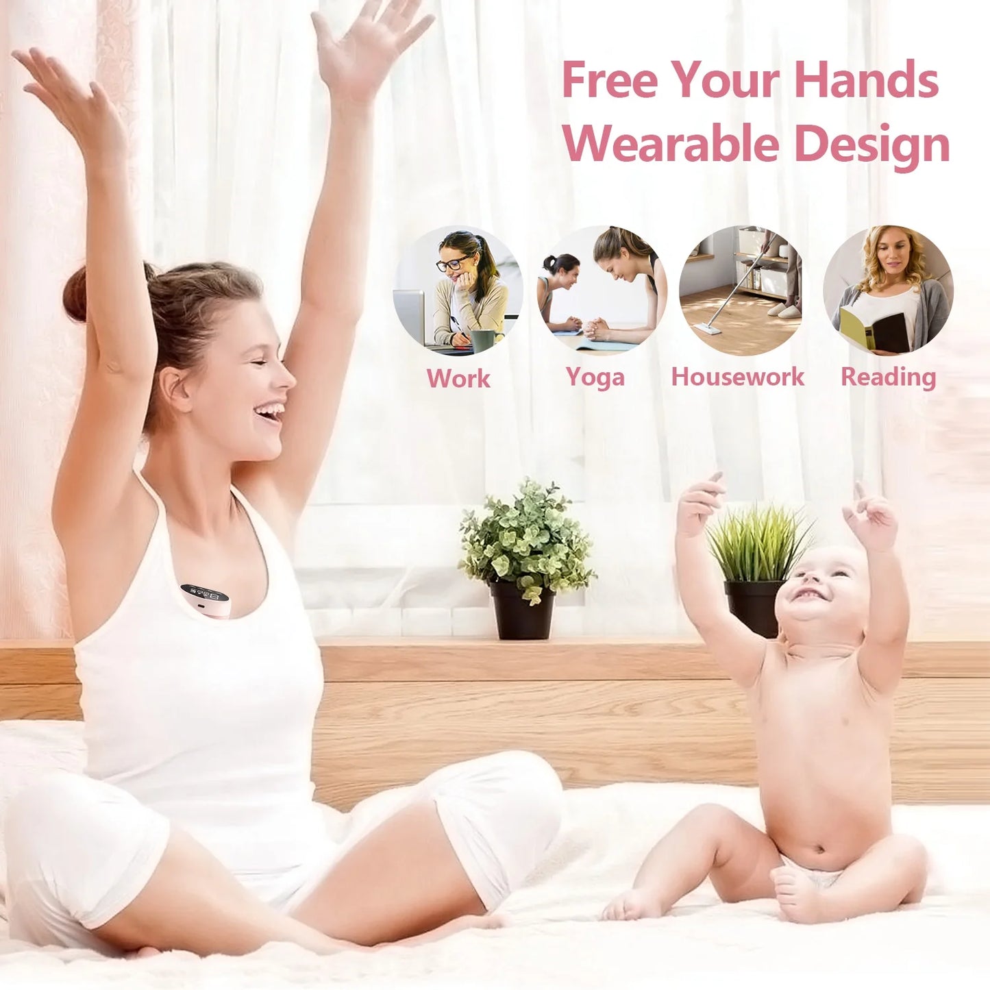 Electric Breast Pump, Wearable Hands-Free Breast Pumps with 3 Modes, 9 Levels, Pink