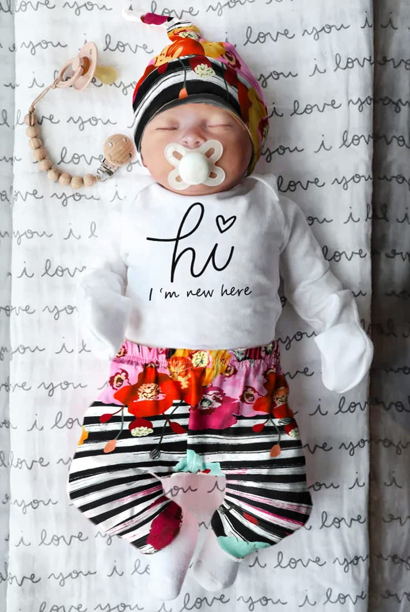 KANGKANG Newborn Baby Girl Clothes Hi I'M New Here Newborn Outfit Infant Romper Floral Pants Cute Baby Girl Outfits 4PC Set