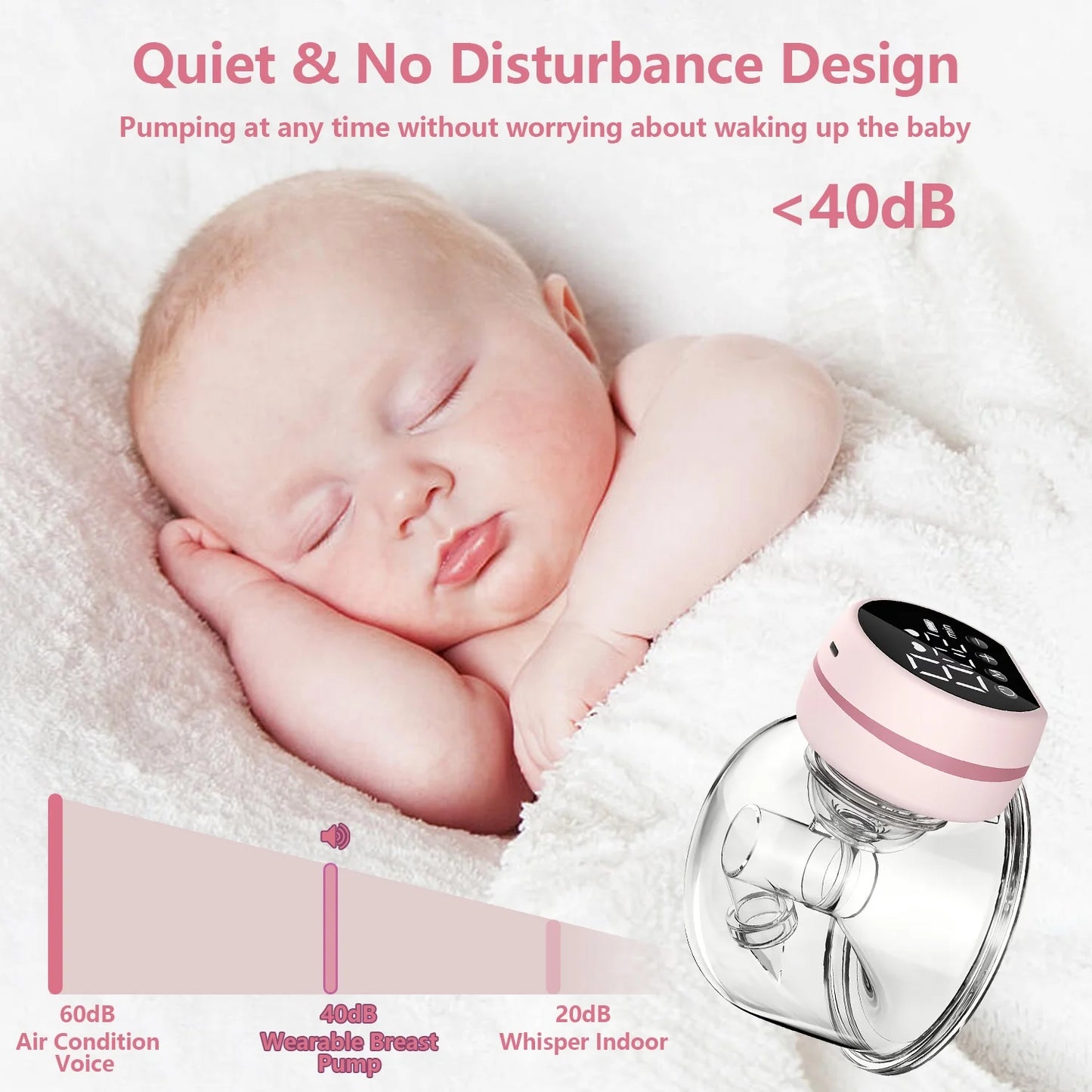 Electric Breast Pump,  Wearable Hands-Free Breast Pumps with 3 Modes, 9 Levels, Pink