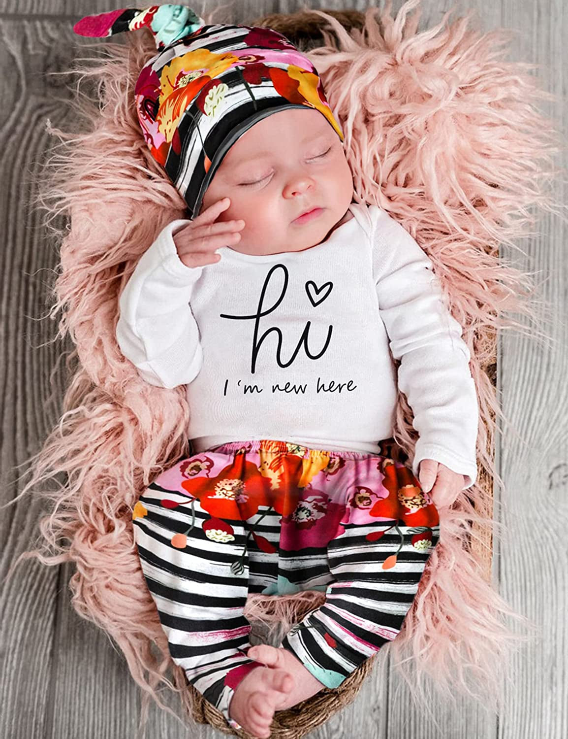 KANGKANG Newborn Baby Girl Clothes Hi I'M New Here Newborn Outfit Infant Romper Floral Pants Cute Baby Girl Outfits 4PC Set