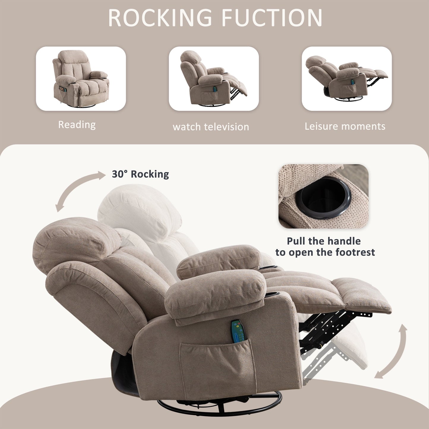 Oversized Recliner Chair, 360° Swivel Rocker Reclining Chair with Massage and Heat Function, USB, Cup Holders and Side Pockets, Living Room Single Sofa Seat Nursery Lounge Chair, Light Brown