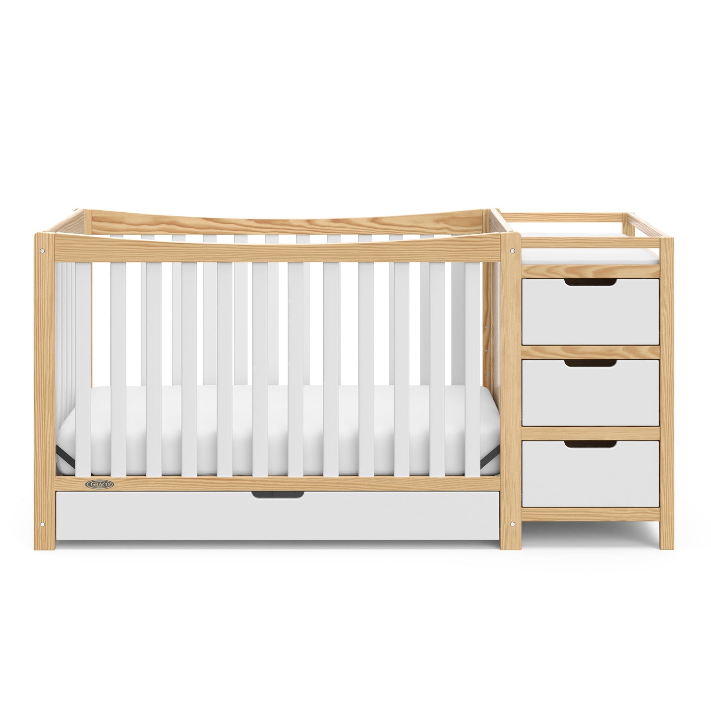 Remi 4-In-1 Convertible Baby Crib and Changer, White/Natural