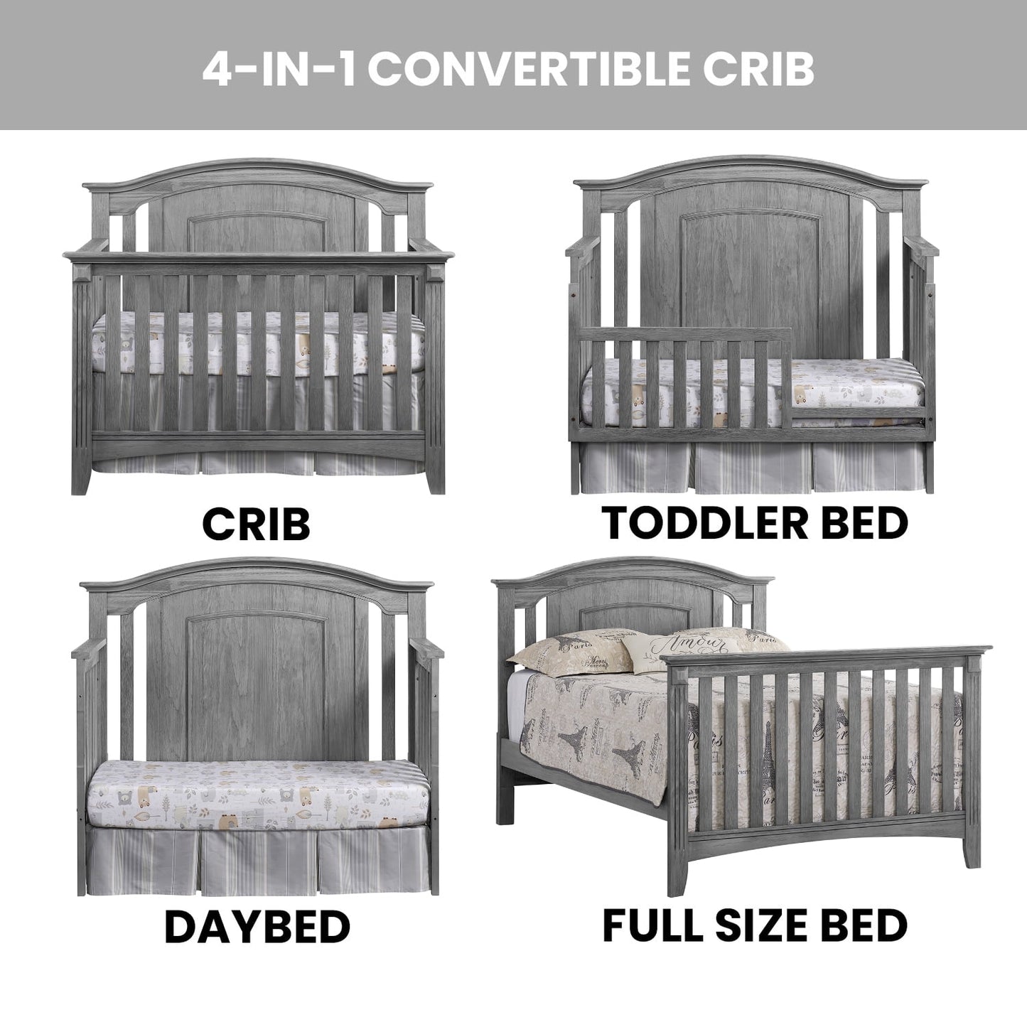 Willowbrook 4-In-1 Convertible Crib, Graphite Gray, GREENGUARD Gold Certified, Wooden Crib