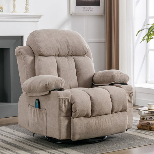 Oversized Recliner Chair, 360° Swivel Rocker Reclining Chair with Massage and Heat Function, USB, Cup Holders and Side Pockets, Living Room Single Sofa Seat Nursery Lounge Chair, Light Brown