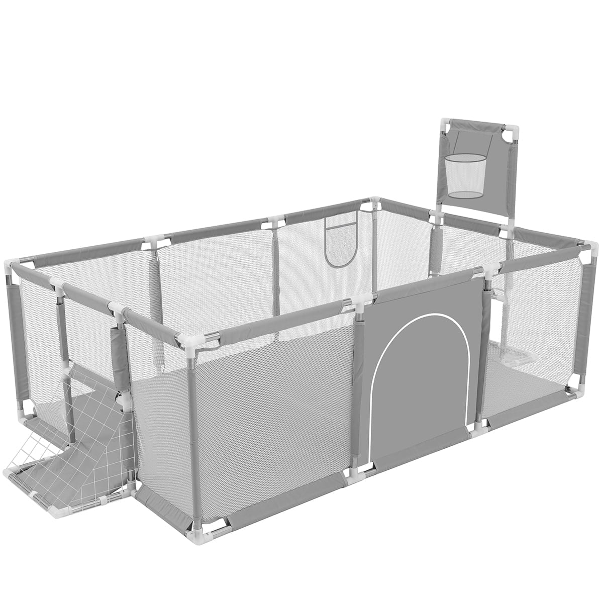 Baby Playpen,71 Inch Extra Large Baby Playard with Basketball Hoop and Breathable Mesh,Children Kids Play Fence for Indoors Outdoors,Gray