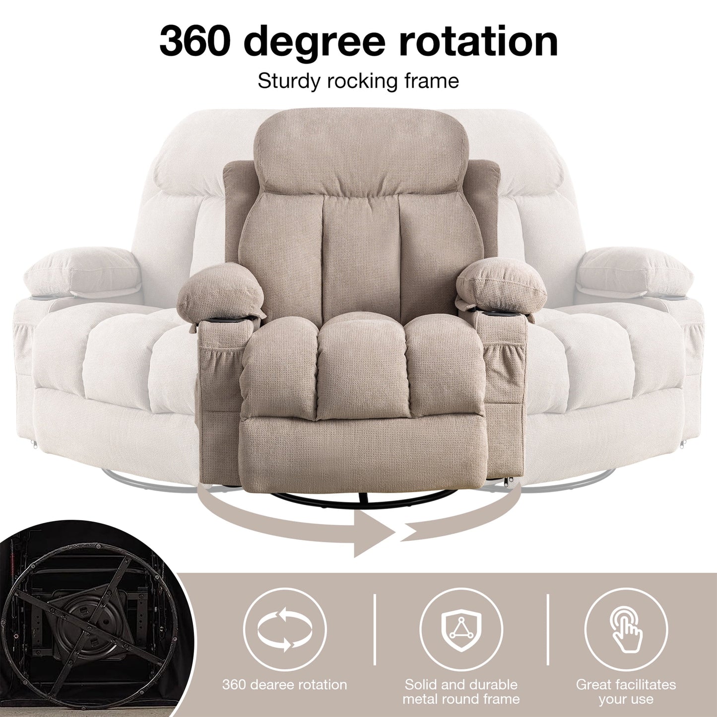 Oversized Recliner Chair, 360° Swivel Rocker Reclining Chair with Massage and Heat Function, USB, Cup Holders and Side Pockets, Living Room Single Sofa Seat Nursery Lounge Chair, Light Brown