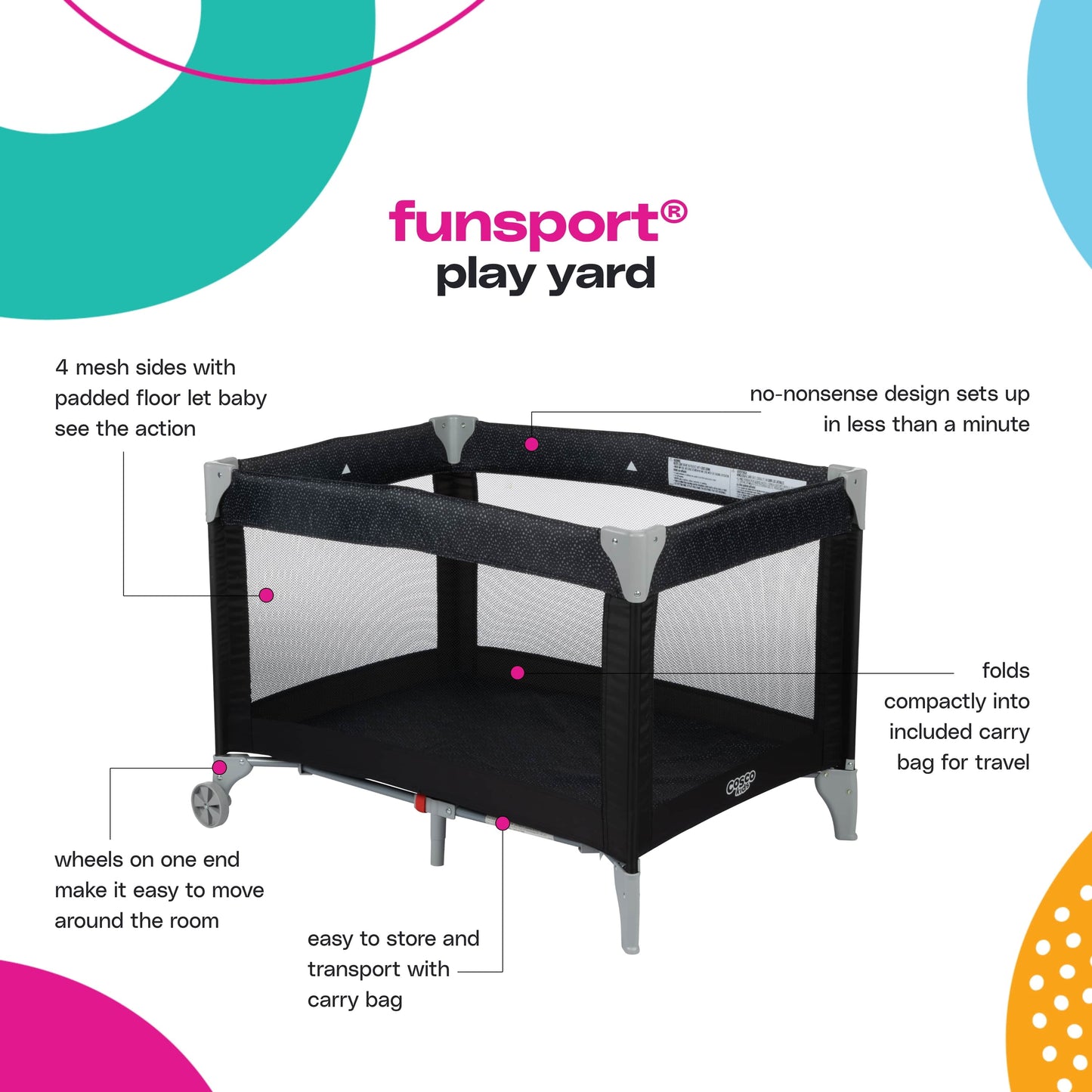 Funsport Portable Compact Baby Play Yard with Carry Bag, Noir Dot