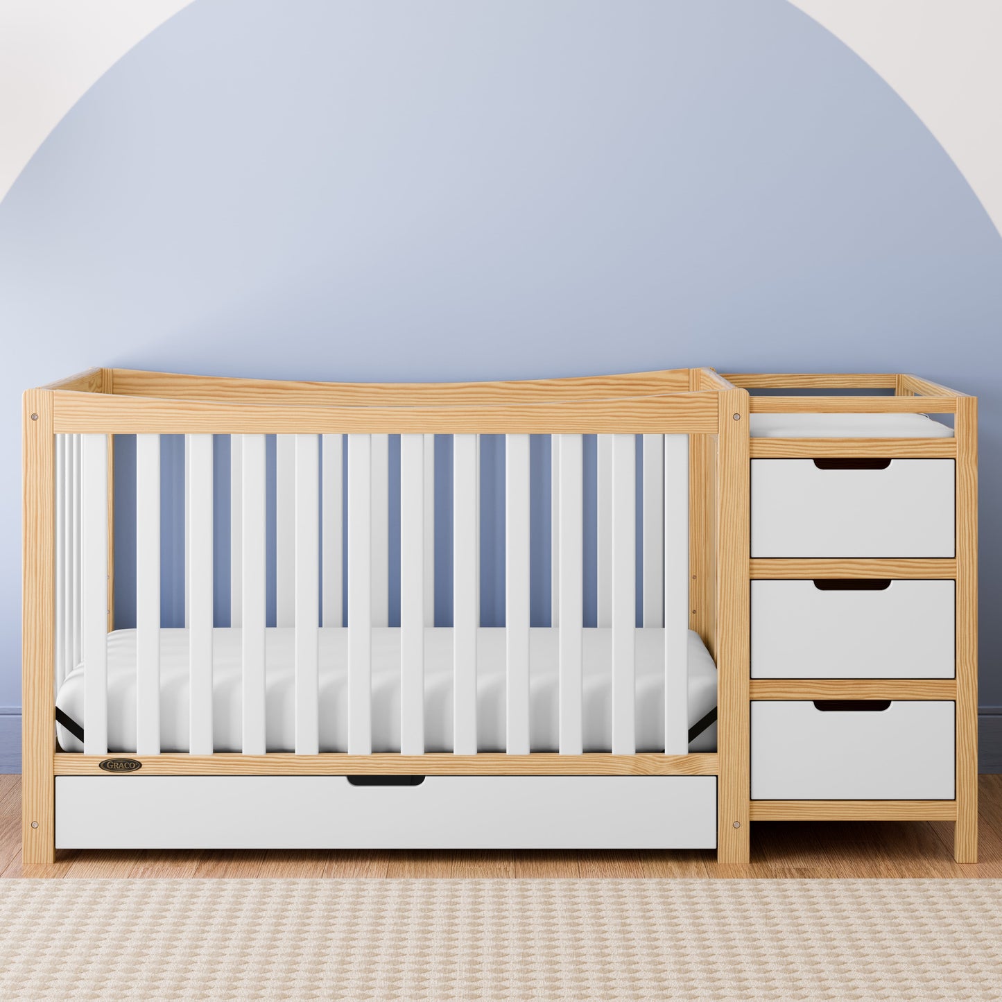 Remi 4-In-1 Convertible Baby Crib and Changer, White/Natural