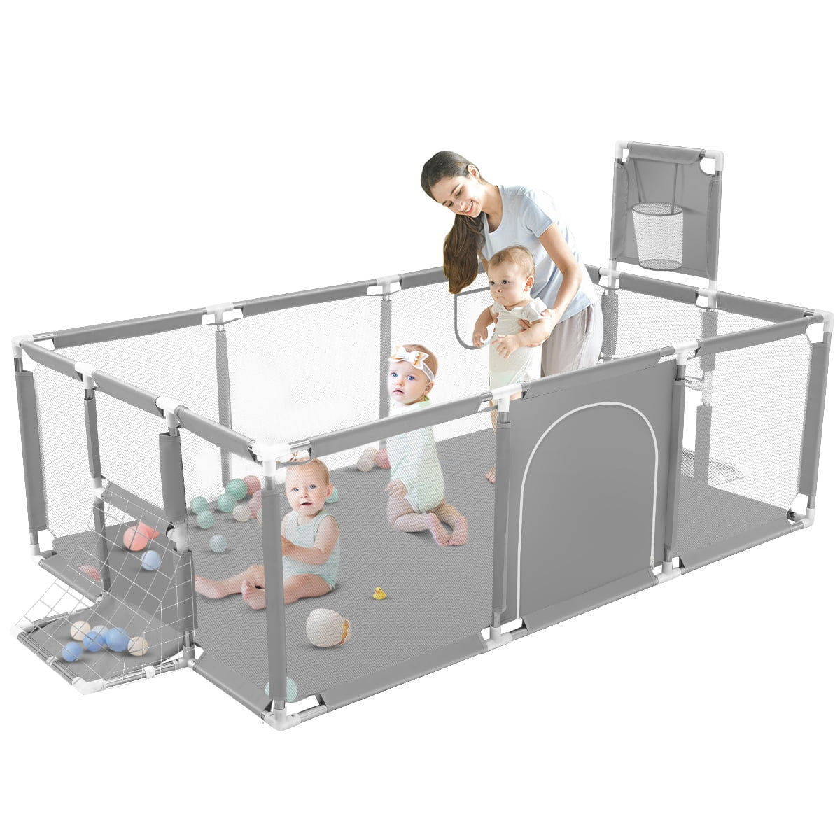 Baby Playpen,71 Inch Extra Large Baby Playard with Basketball Hoop and Breathable Mesh,Children Kids Play Fence for Indoors Outdoors,Gray