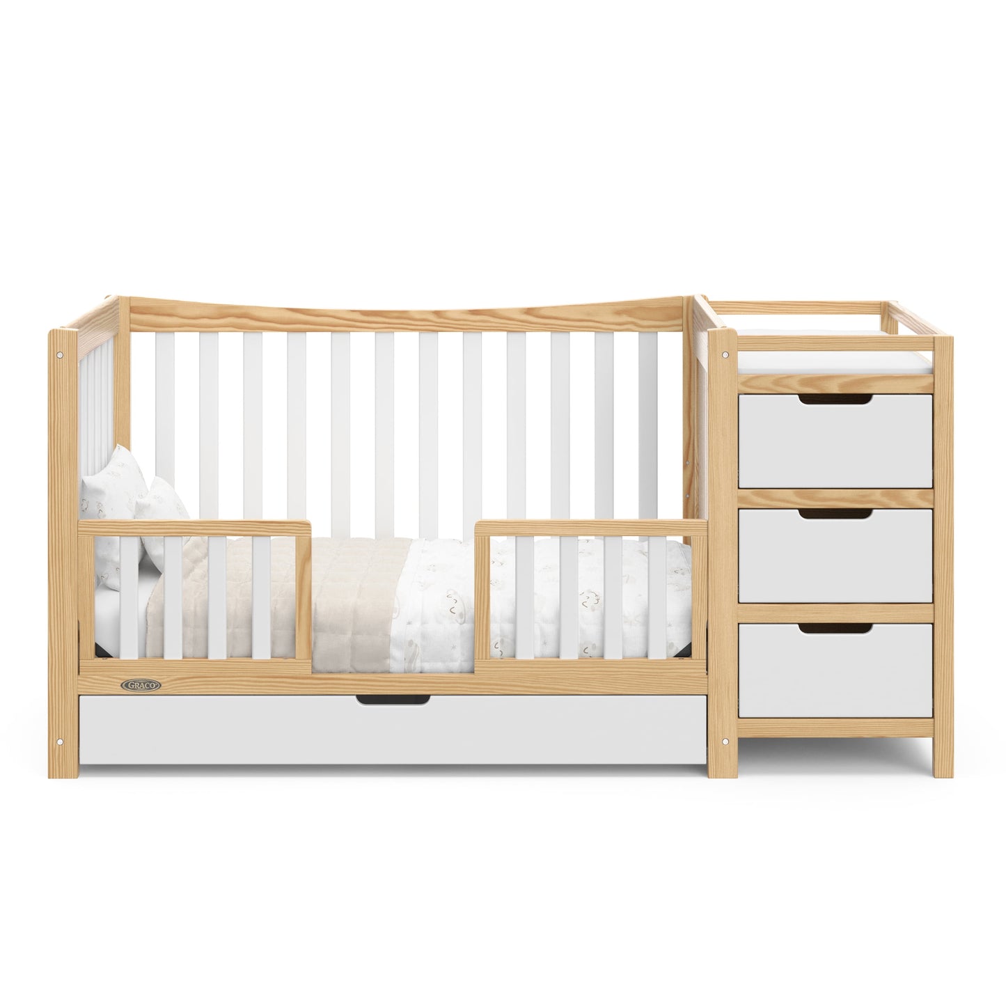 Remi 4-In-1 Convertible Baby Crib and Changer, White/Natural