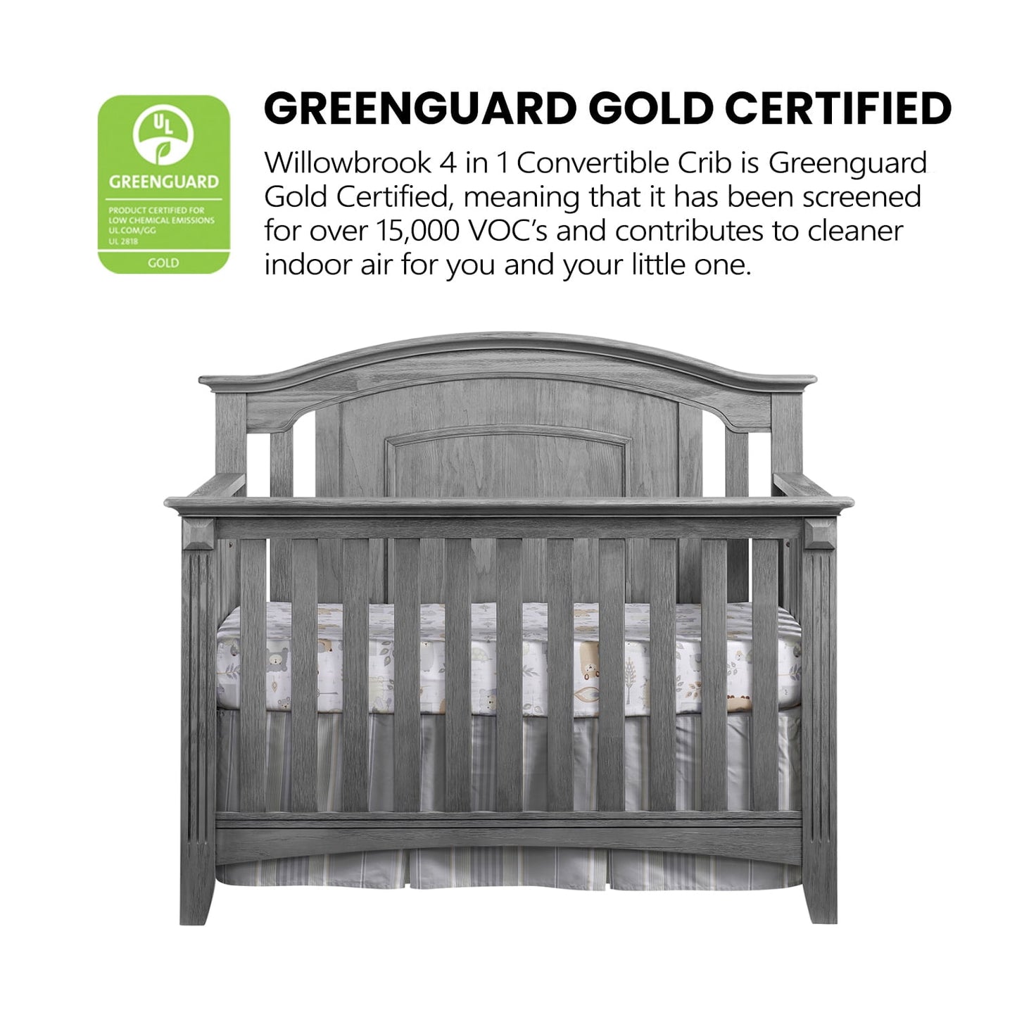 Willowbrook 4-In-1 Convertible Crib, Graphite Gray, GREENGUARD Gold Certified, Wooden Crib