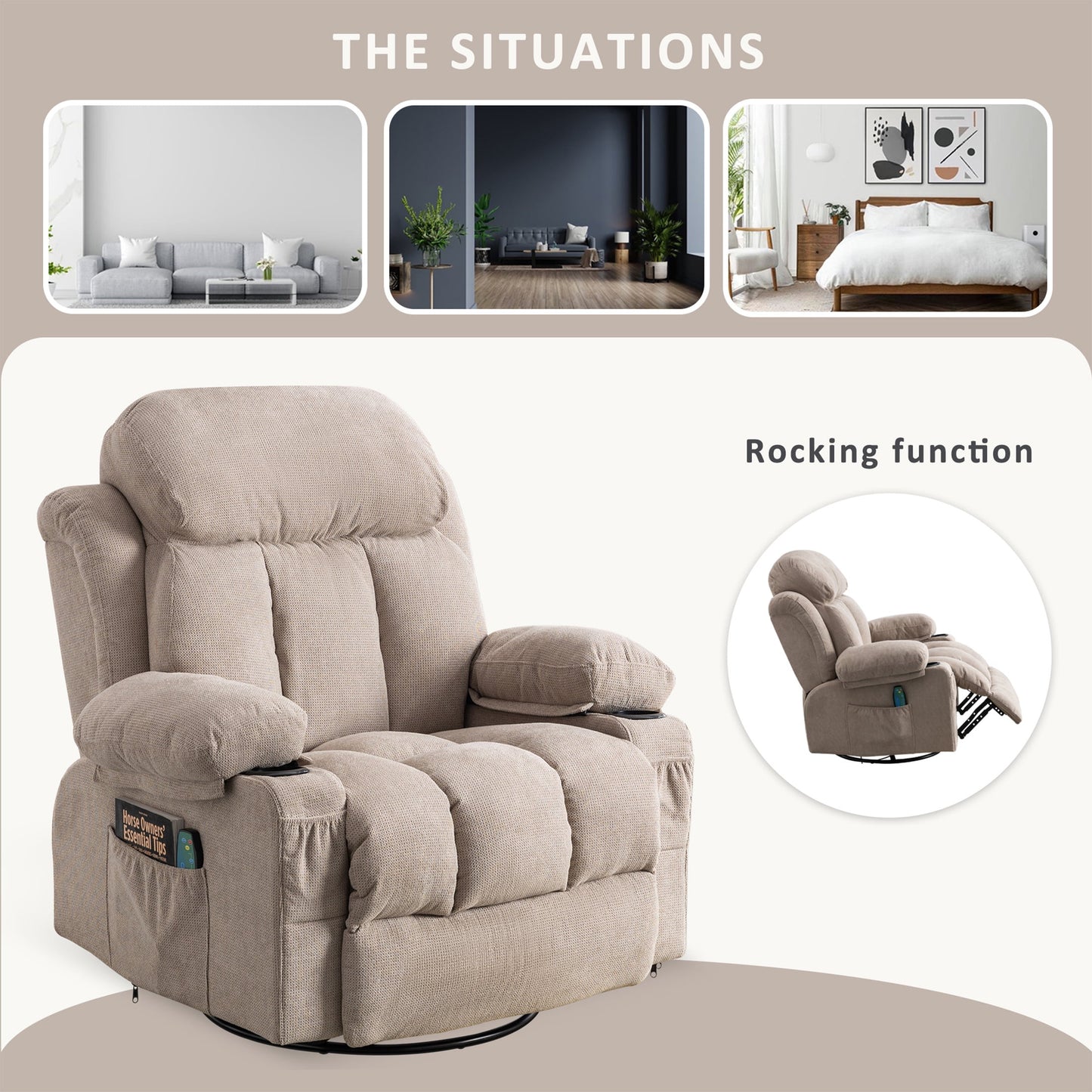 Oversized Recliner Chair, 360° Swivel Rocker Reclining Chair with Massage and Heat Function, USB, Cup Holders and Side Pockets, Living Room Single Sofa Seat Nursery Lounge Chair, Light Brown